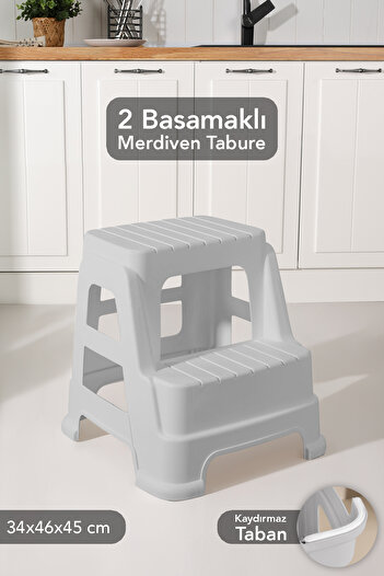Meleni Home Büyük Boy 2 Basamaklı Merdiven Tabure - Kaydırmaz Tabanlı Çok Amaçlı Basamak Tabure Gri