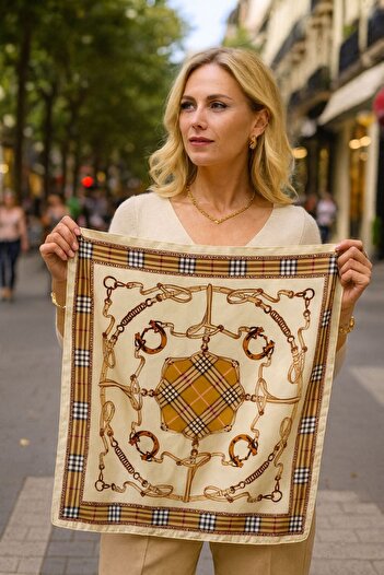 Axesoire 14887 Zincir Desenli Ekru Bandana Fular 70x70 cm