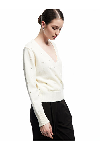 Koton Long Sleeve Double Breasted V-Neck Rhinestone Knit Sweater