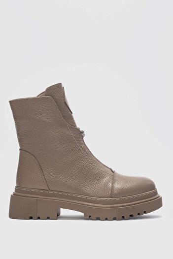 selinshoes Mena Genuine Leather Blunt Toe Women's Boots with Zipper Accessory on the Front - Mink