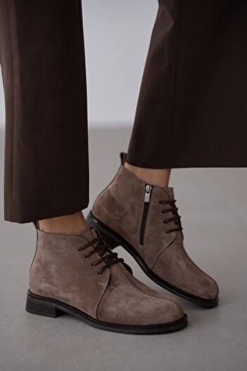 selinshoes Lazen Genuine Leather Lace-Up Detailed Short Women's Boots - Mink Suede