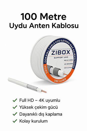 Zibox Rg6-u6 Uydu Anten Kablosu - 100 Metre Birinci kalite 48tel (2 ADET F CONNEKTÖR HEDİYELİ)