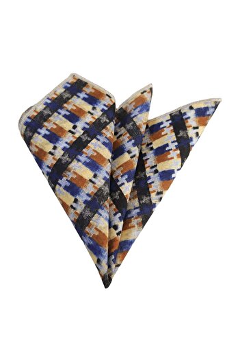 Exve Exclusive Navy Blue Brown Beige Ethnic Pattern Printed Pocket Accessory Collar Handkerchief