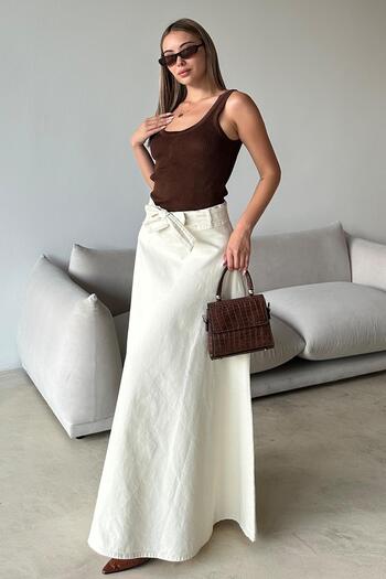 Olcay Beli Belted Denim Bell Long Skirt Ekru 7064