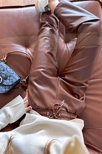 Qaju Women's Brown (Tan) High Waist Lace-Up Jogger Leather Pants
