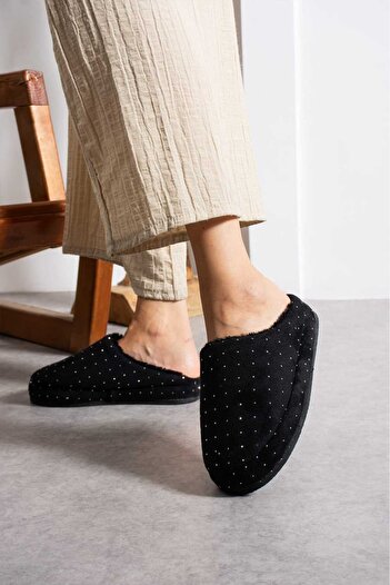 NOVİNS Women's Fur-Lined Stylish Stone-Embroidered Warm-Lined House Slippers Bohça Dowry Slippers