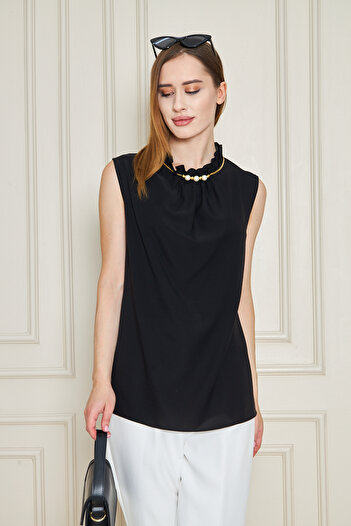 UNIQUE LADY Women's Ruffle Neckline Sleeveless Blouse with Pearl and Chain Detailing - Multiple Color Options