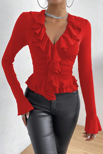 Edela Long Sleeve V-Neck Ruffle Blouse