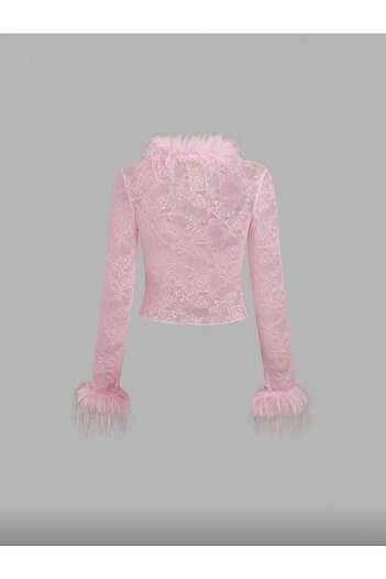MARCELY Pembe Y2K Dantel Kabarık Patchwork Bağcıklı Crop Bluz - Bolero