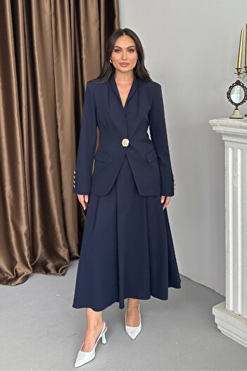 spirituel Women's Two-Piece Suit Stylish Button Detail Stand Collar Blazer Jacket Long Skirt Set