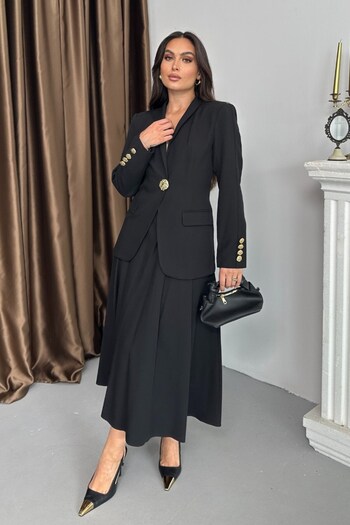 spirituel Women's Two-Piece Suit Stylish Button Detail Stand Collar Blazer Jacket Long Skirt Set