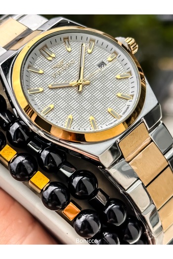 FERRO Men's Wristwatch, Silver Yellow Steel Band, Simple Stylish Model with Calendar, Double Bracelet
