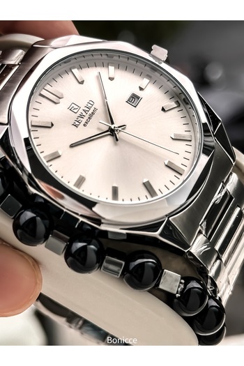 Reward Men's Wristwatch with Calendar, Certified, Guaranteed, White Silver Steel Band Bracelet Gift