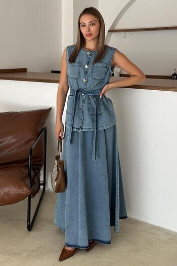 Olcay Pocket Detailed Vest Skirt Denim Suit Blue 9377-Tk