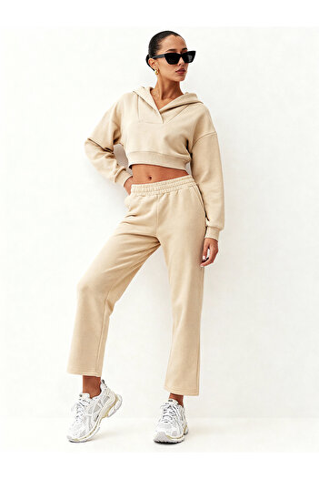 ALİKA Casi̇ Women's Hooded V-Neck Pipe Leg Sweatpants Set