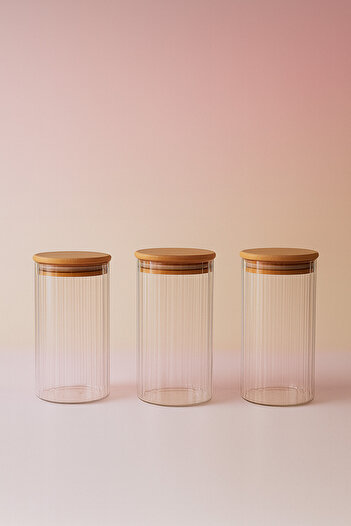 ZURİ DESİGN Airtight 3-Piece Striped Glass Breakfast Vacuum Lid Jar Set - 850 ml