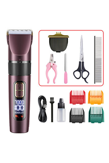 OEM Pet clipper for dogs and cats, waterproof, silent, LED, 4 trimming accessories included, Cherry