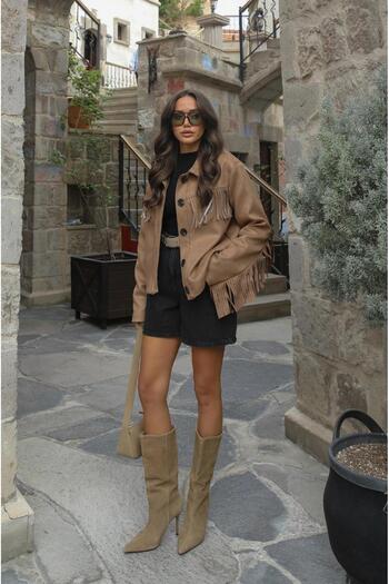 Havoş Light Brown Tassel Detailed Suede Jacket