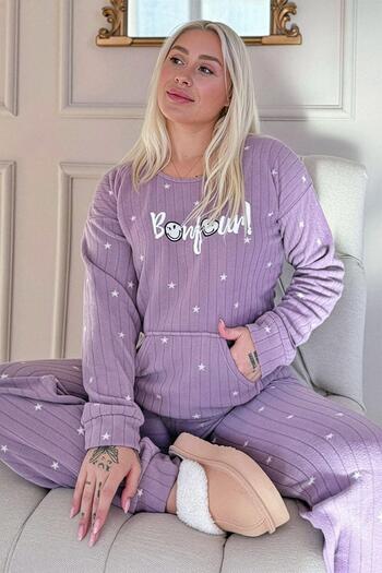 Pijamaevi Lilac Bonjour Patterned Kangaroo Pocket Plush Fleece Pajama Set