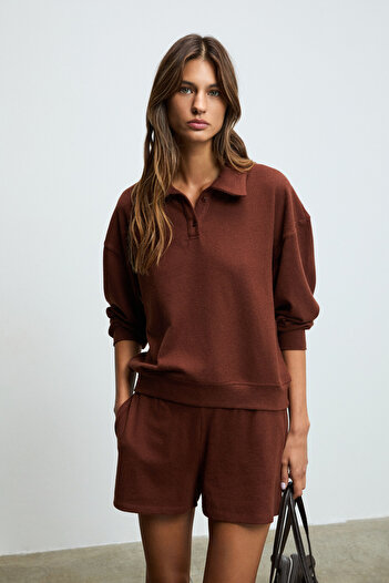 GRIMELANGE Silken Women's Soft and Flexible Fabric Polo Collar Brown Sweatshirt