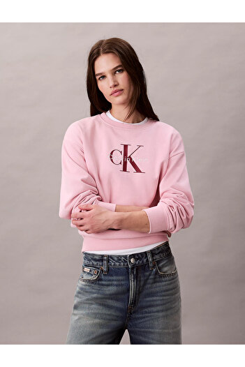 Calvin Klein Women's Cotton Ck Logo Detailed Long Sleeve Pink Sweatshirt Lv047B234G-Te0