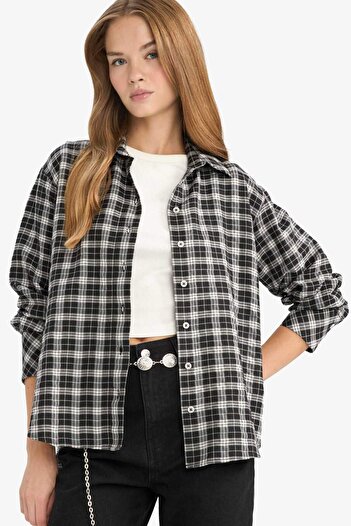 DeFacto Oversize Wide Fit Gingham Poplin Long Sleeve Shirt G1092Ax25Au