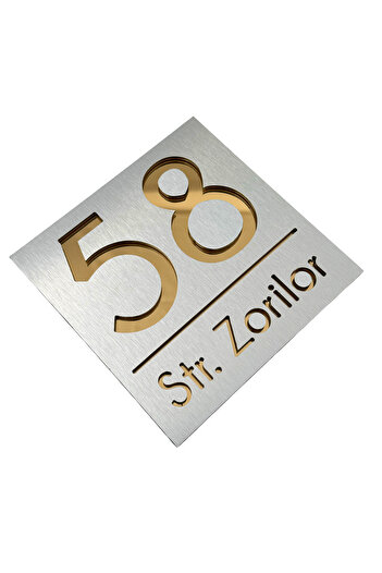 Adresa VIP PREMIUM HOUSE NUMBER - Brushed Aluminum Gold Mirror - 17x17cm