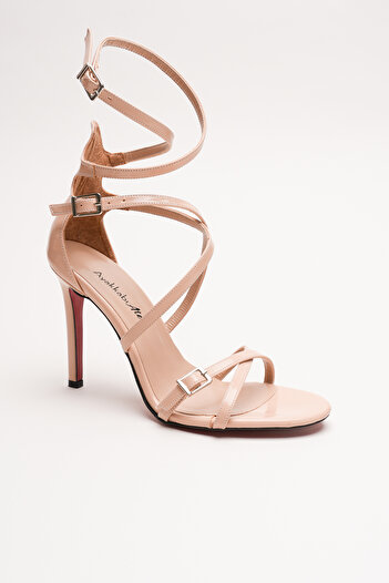 Ayakkabı Ateşi Women's Lace-Up Buckle Thin Heeled Shoes Nela Nude Patent Leather