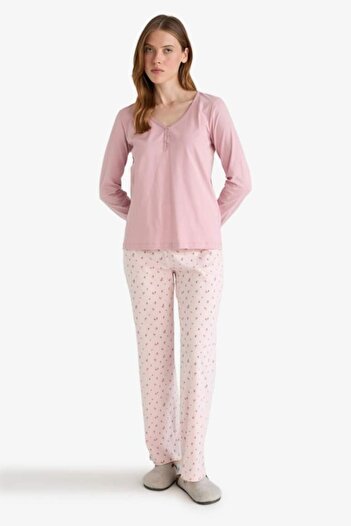 DeFacto Pajama Set Regular Fit Long Sleeve Top Patterned Long Bottom-Fall in Love (25 Au)
