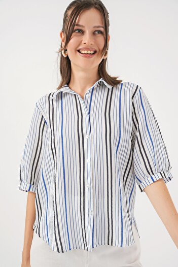 Hiccup Bdart Three Quarter Sleeve Striped Poplin Shirt