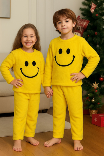 AHENGİM Girl - Boy Child Winter Plush Set with Smiling Face Embroidery Ak4006