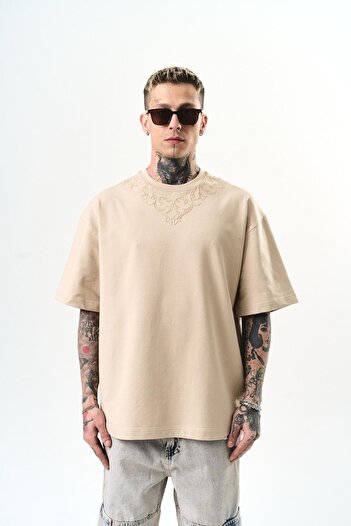 Respire Men's Goodly Embroidered Oversize T-Shirt Beige