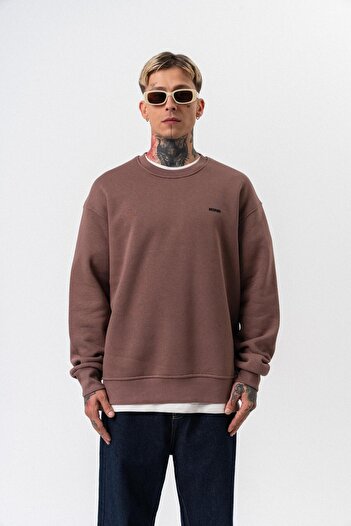 Respire Men's Basic Oversize Sweatshirt with Text Detail Kakao
