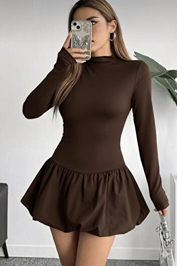 MEGOMEL Women's Brown High Collar Balloon Skirt Mini Dress Seasonal and Winter