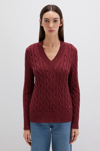 Mavi Women's Silk Blend V-Neck Burgundy Sweater 1710720-805493