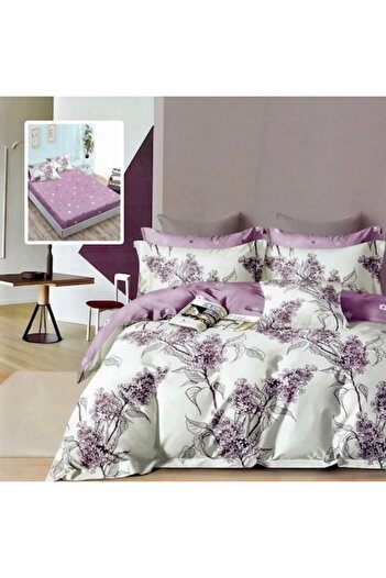 RALEX PUCIOASA Double Bed Linen Set Finet Cotton 6 Pieces with Mattress Cover, White-Purple, Pucioasa
