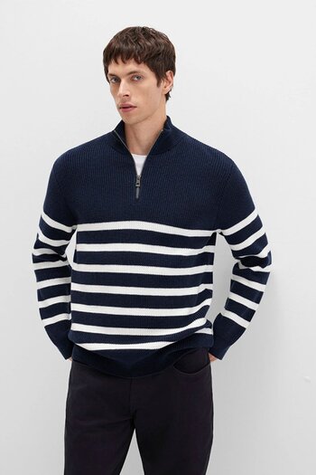 Mavi Men's Semi-Zip Striped Navy Blue Sweater 0710131-70490