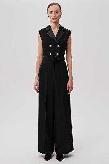 Exquise Sleeveless Belted Slim Fit Wide Leg Black Jumpsuit