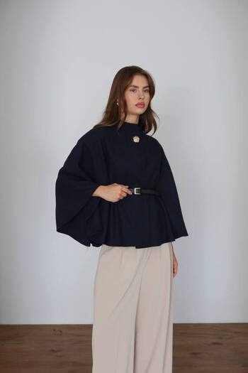 MODA Gold Button Detailed Belted Cashmere Poncho