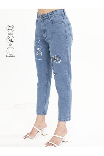 SHEVEGA Women's Blue Denim Pants with Face Embroidery on the Legs