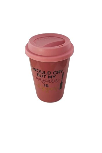 OEM Ceramic pink mug 350ml, with message 'I would cry but my mascara is designer', silicone lid