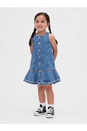 GAP Kız Bebek Koyu Mavi Denim Peplum Hem Elbise