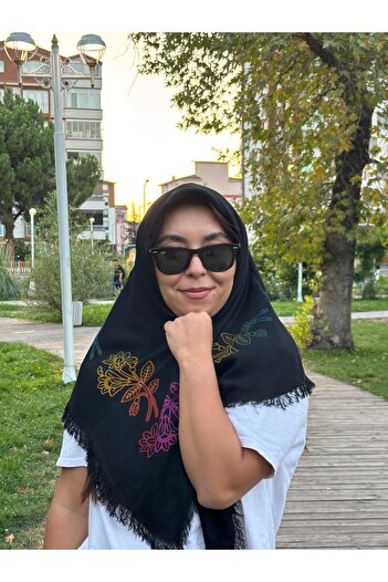 Sobe Hediyelik Black Printed Tassel Cotton Scarf for Writing – Casual and Dowry Writing Headscarf