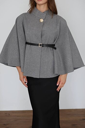 MODA Gold Button Detailed Belted Cashmere Poncho