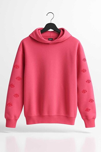 MOONBULL Kadın göz baskı detaylı kışlık içi pamuklu kapüşonlu sweatshirt