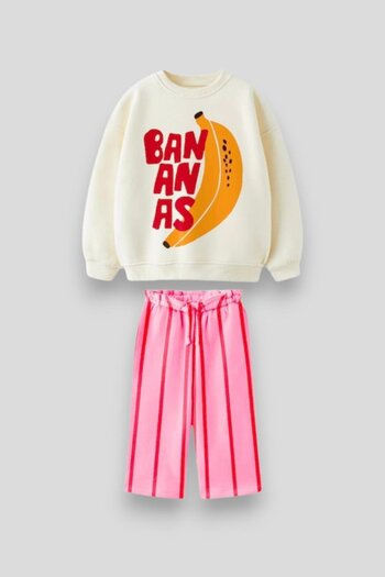 Magu Girl's Cotton Ecru Banana Printed Sweatshirt and Pink Striped Pants Set
