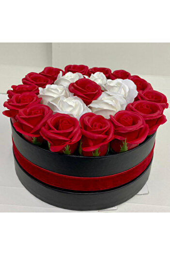 velve Special Eternity floral arrangement in a round box with 21 soap roses, red and white