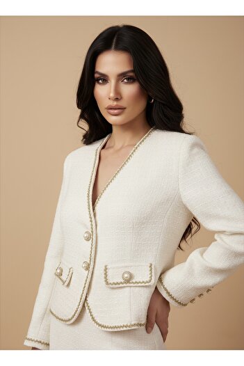 1Moda1Tarz Women's Imported Tweed Fabric Button Detailed Lined Jacket Skirt Special Design Top and Bottom Set