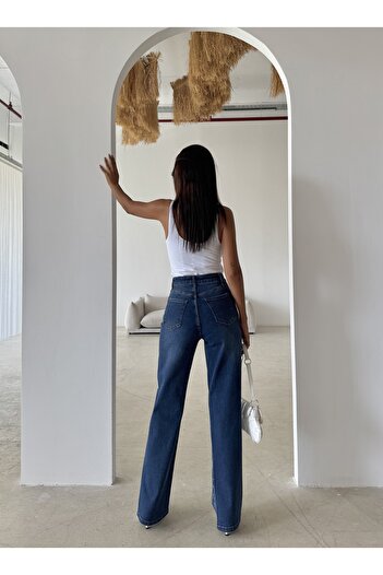 Swet Shop Jeans Kadın Mavi Renk Taş Detaylı Geniş Paça Palazzo Pantolon