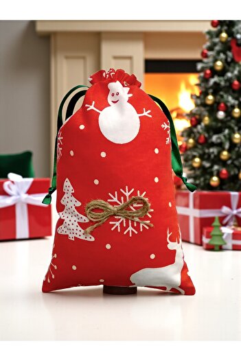 Armada Christmas Themed Fabric Gift Bag – Red and White Snowman, Deer, Pine Tree, Snowflakes (17X25)